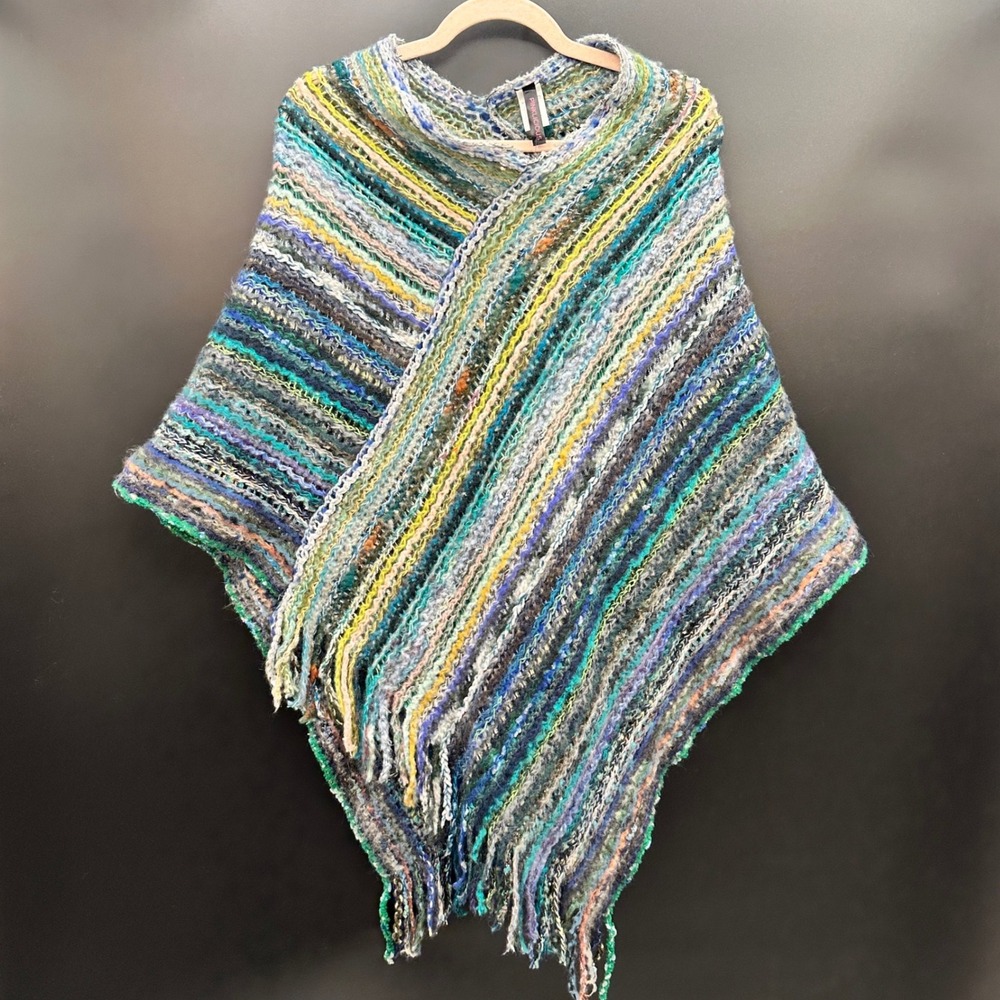 Pinklicious The Pancho Villa Knit Poncho Blue Multi Color Striped Fringe OS NWT